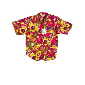 Kikomo Women's Size Large Button-up Floral Print Short Sleeve Cotton Top